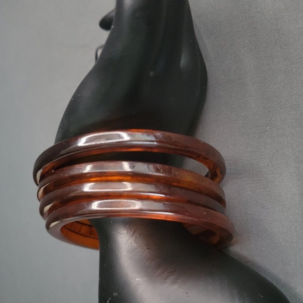 Women's Vintage 4 Piece Bakelite Bangles Bracelet Brown Iced Tea Prystals 8"